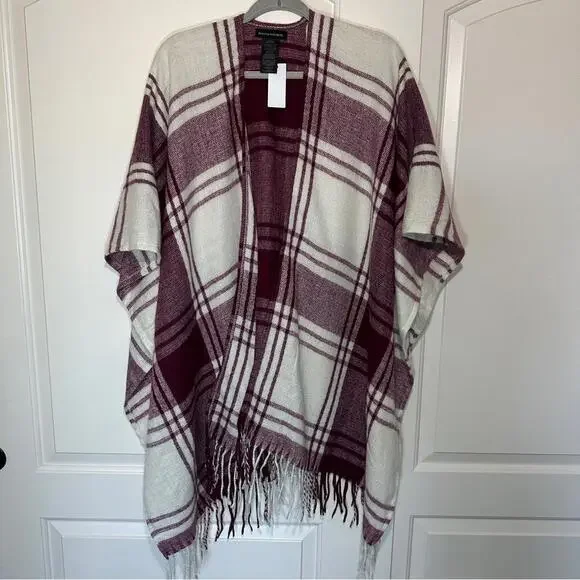 Banana Republic Burgundy and Cream Plaid Poncho Sweater - Picture 2 of 5